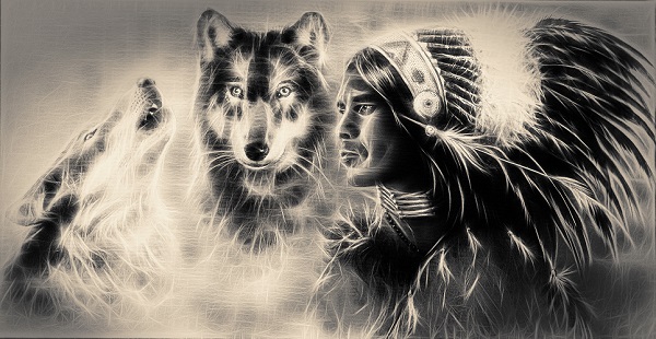 two wolves with native warrior